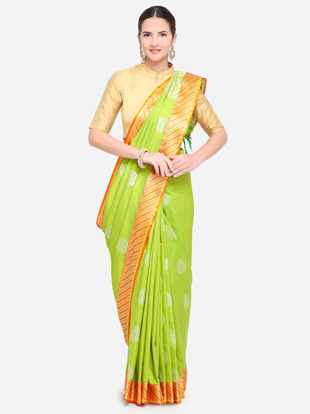 

Varkala Silk Sarees Green & Orange Silk Blend Woven Design Banarasi Saree