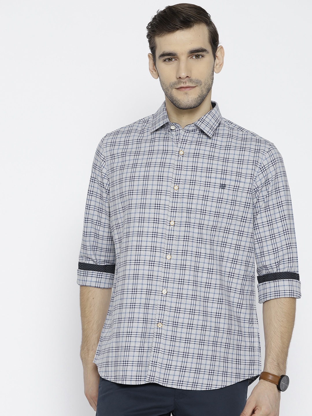 

J Hampstead Men Grey & Blue Slim Fit Checked Casual Shirt