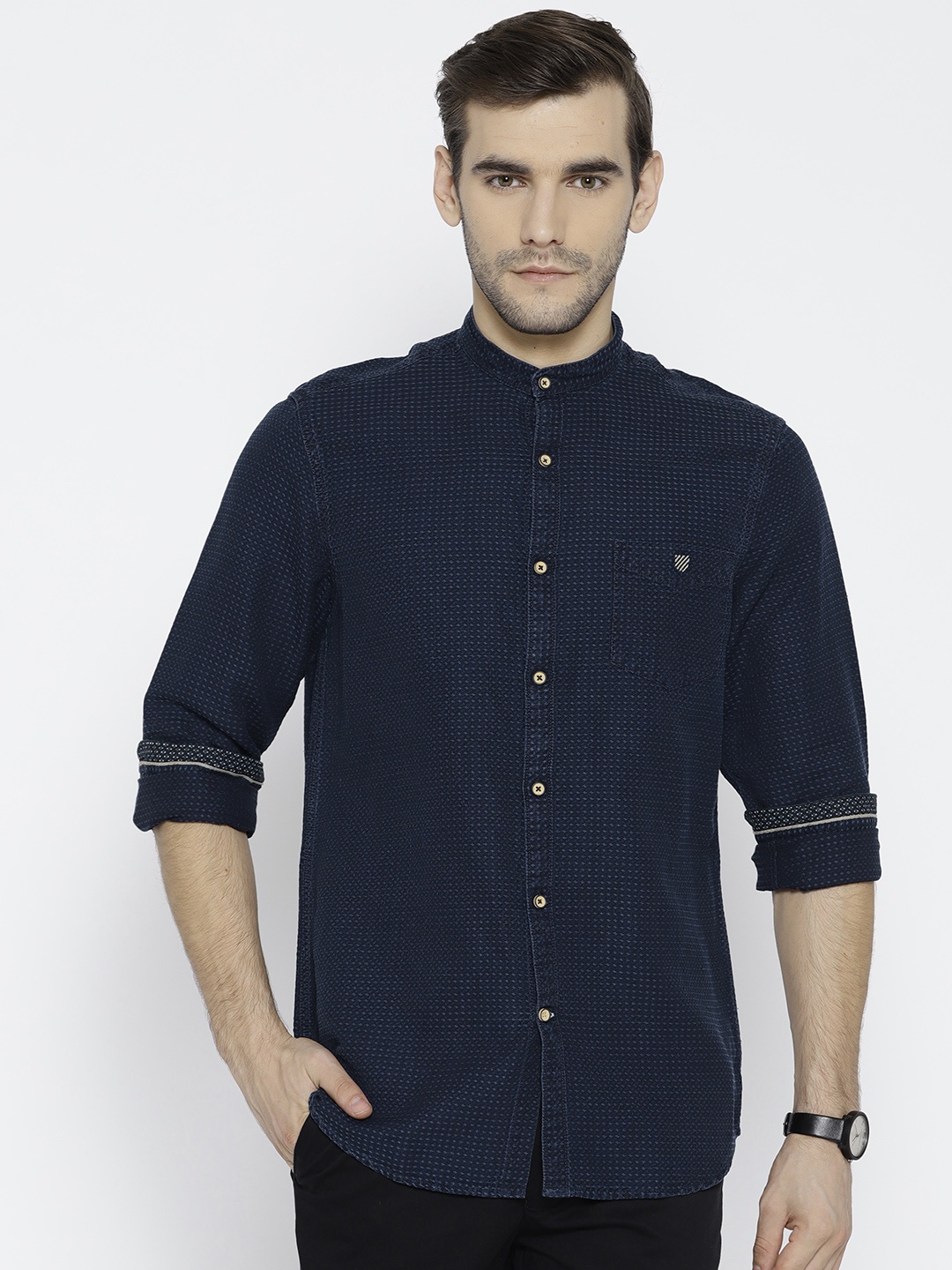 

J Hampstead Men Navy Blue Slim Fit Self Design Casual Shirt