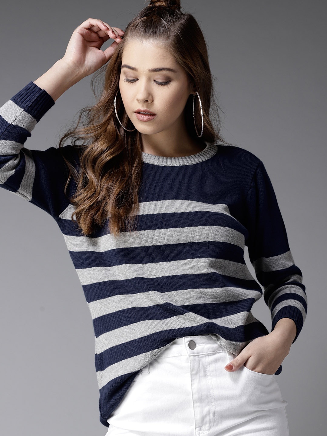 

HERE&NOW Women Navy Blue & Grey Melange Striped Pullover