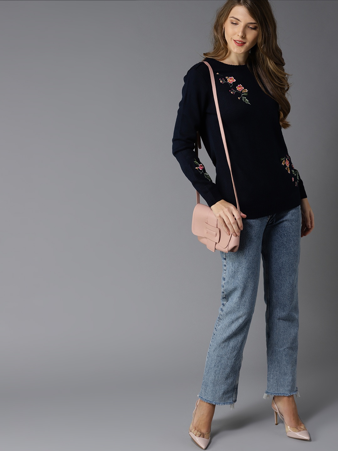 

HERE&NOW Women Navy Blue Embroidered Detail Pullover