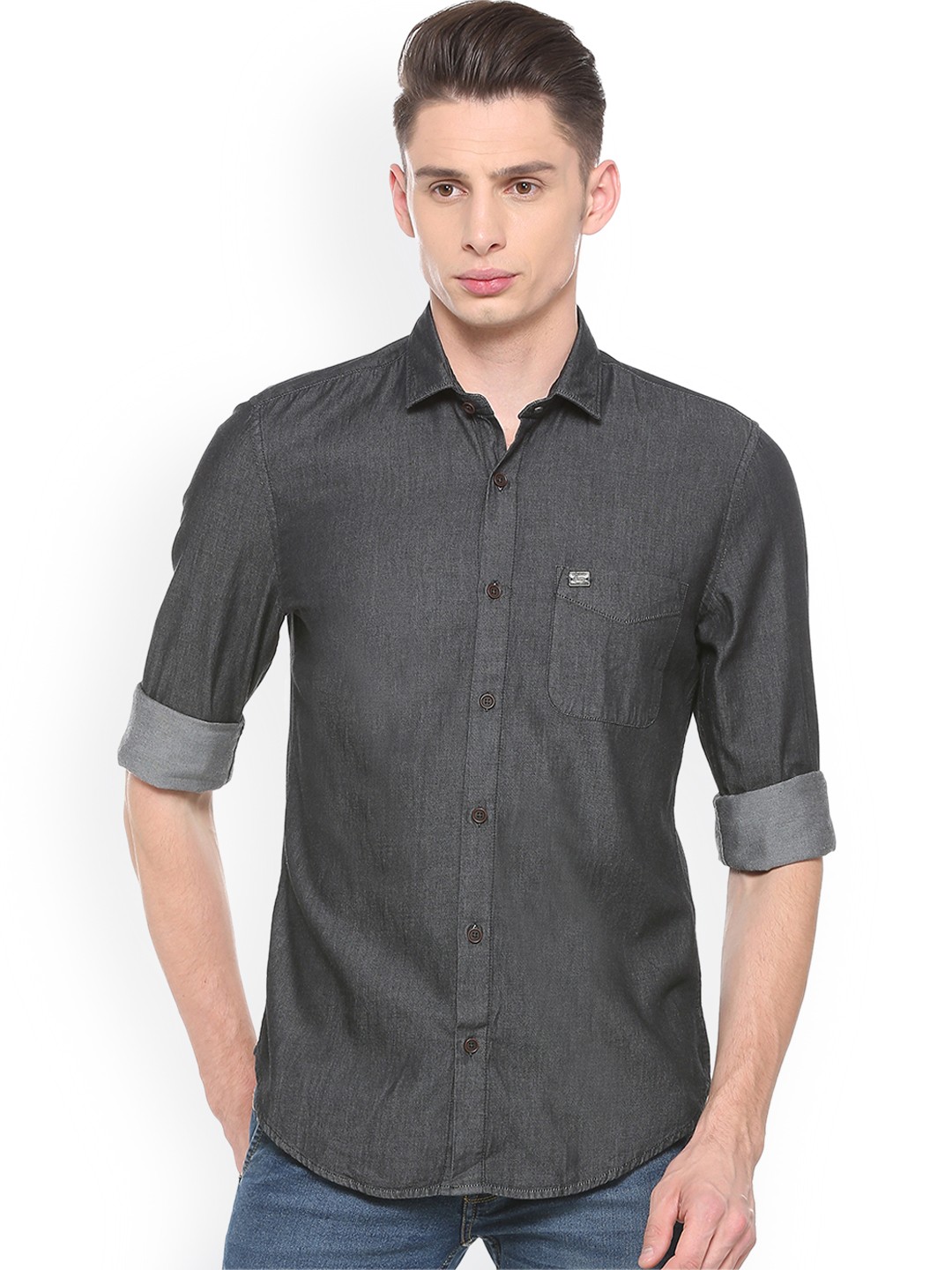 

Peter England Casuals Men Charcoal Slim Fit Solid Casual Shirt