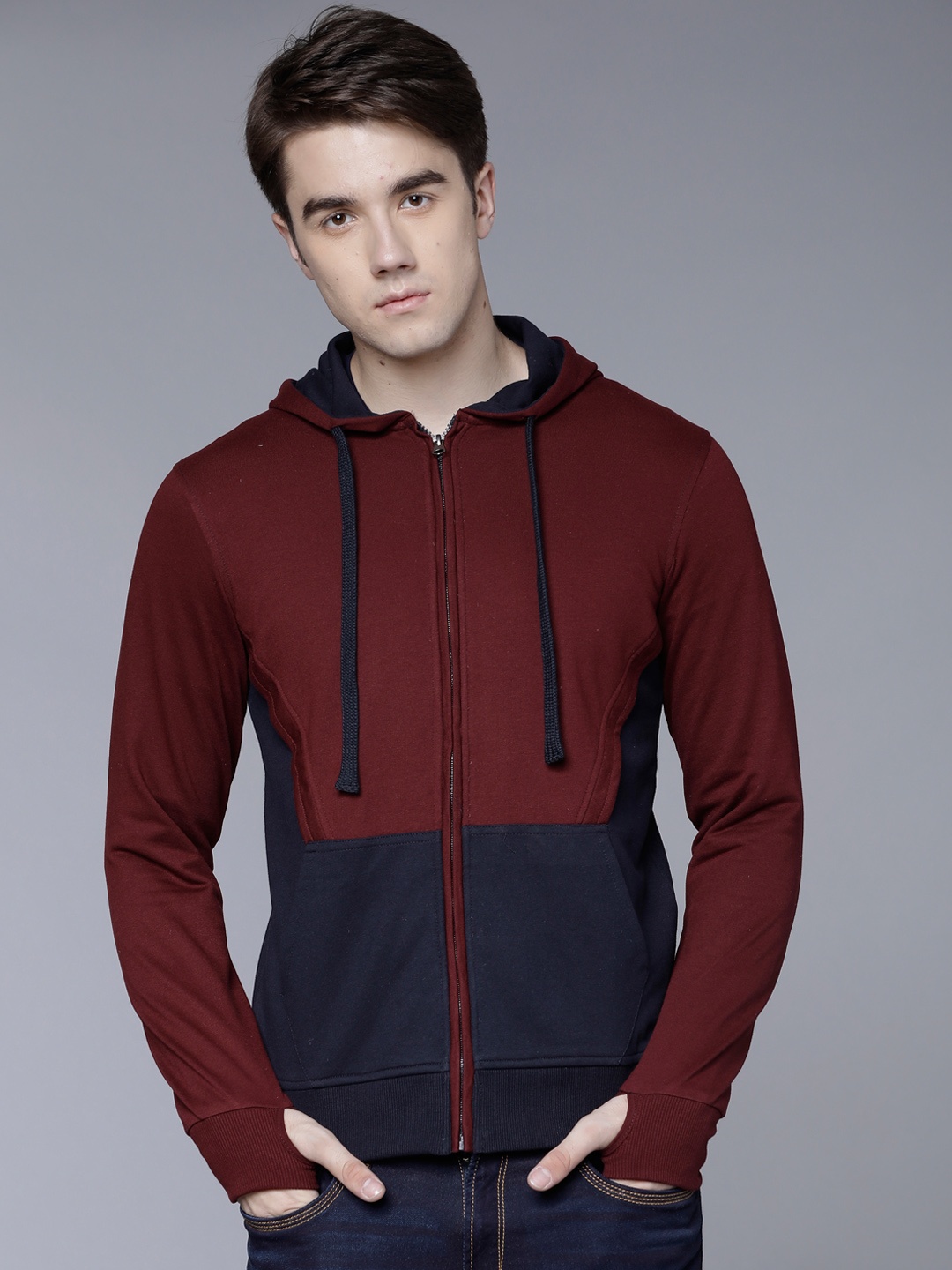 

HIGHLANDER Men Navy Blue & Maroon Colourblocked Hooded Sweatshirt