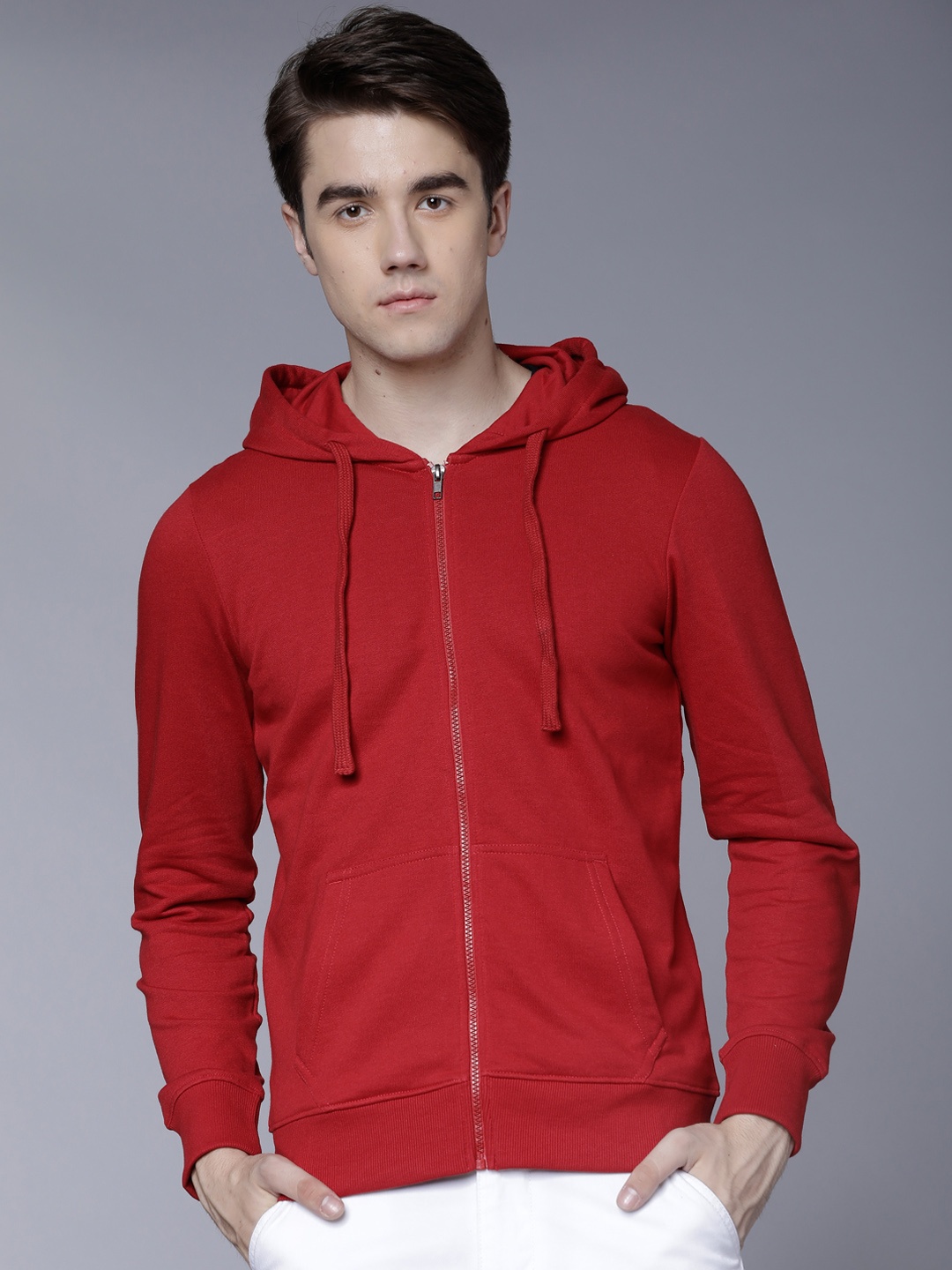 

HIGHLANDER Men Red Solid Hooded Sweatshirt