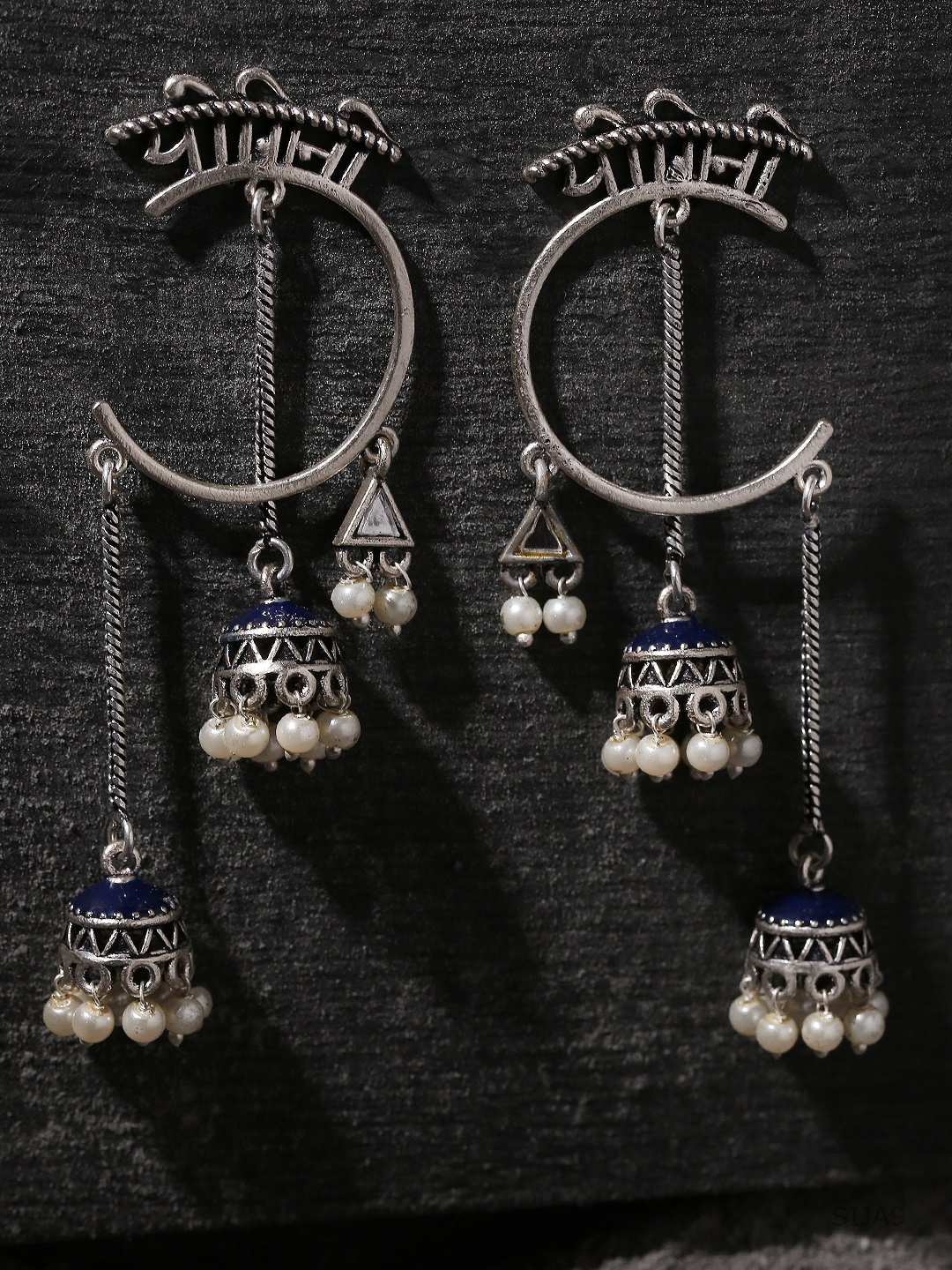 

Voylla Silver-Plated & Blue Oxidised Dome Shaped Drop Earrings