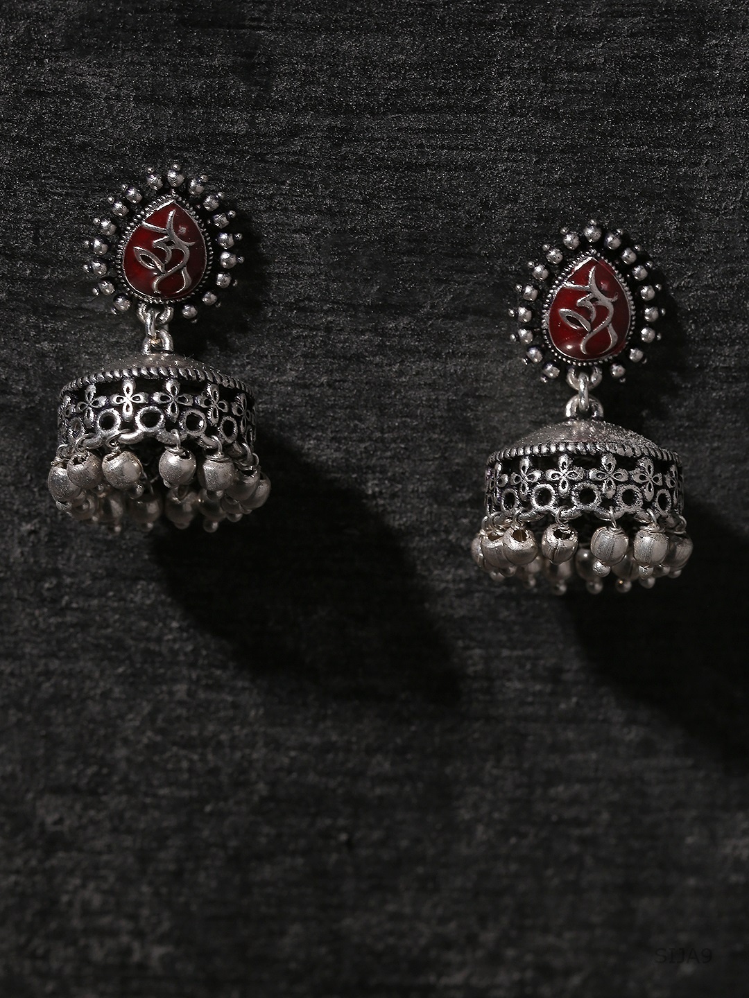 

Voylla Silver-Toned Maroon Dome Shaped Jhumkas