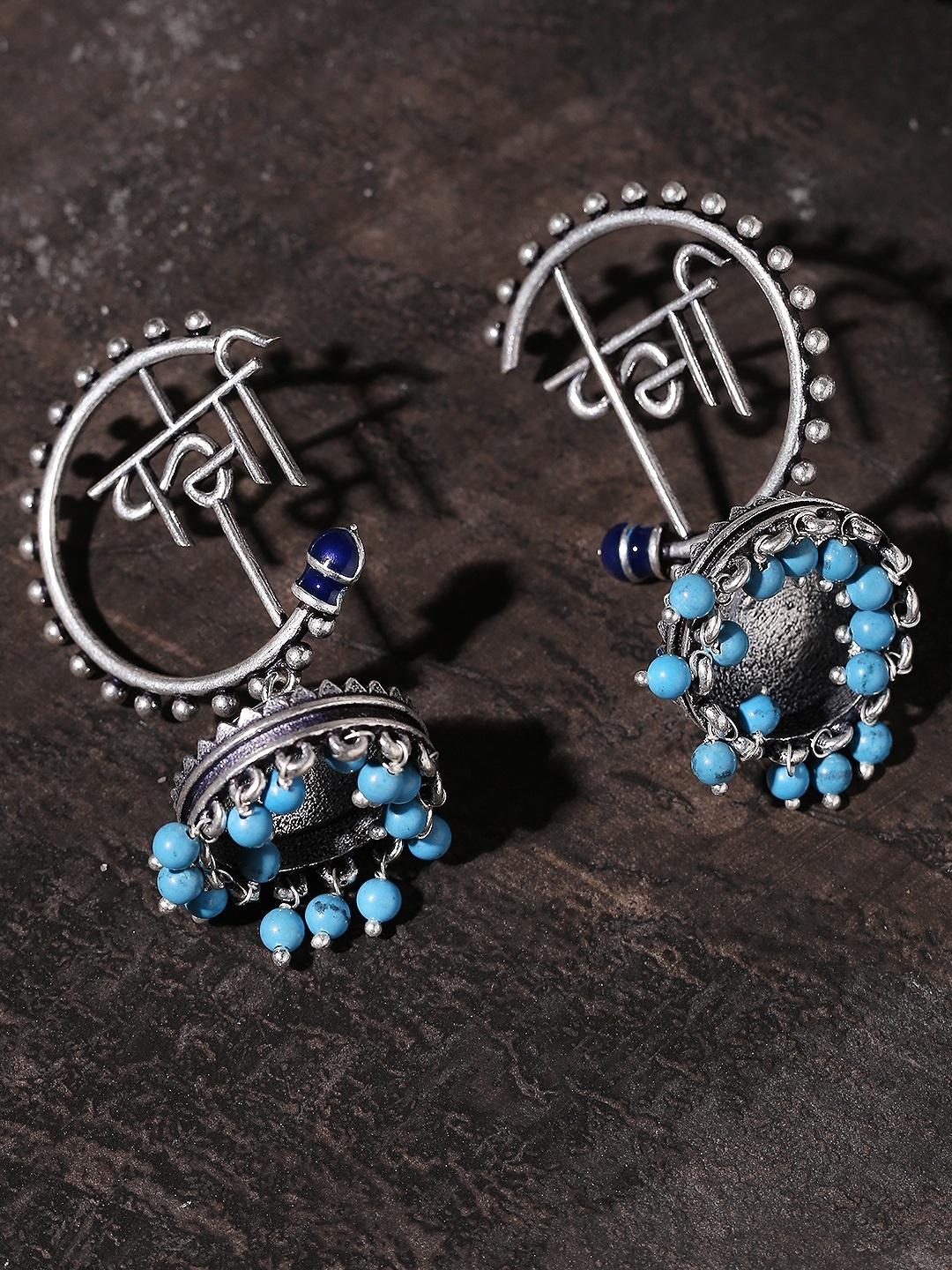 

Voylla Silver-Toned & Blue Dome Shaped Jhumkas