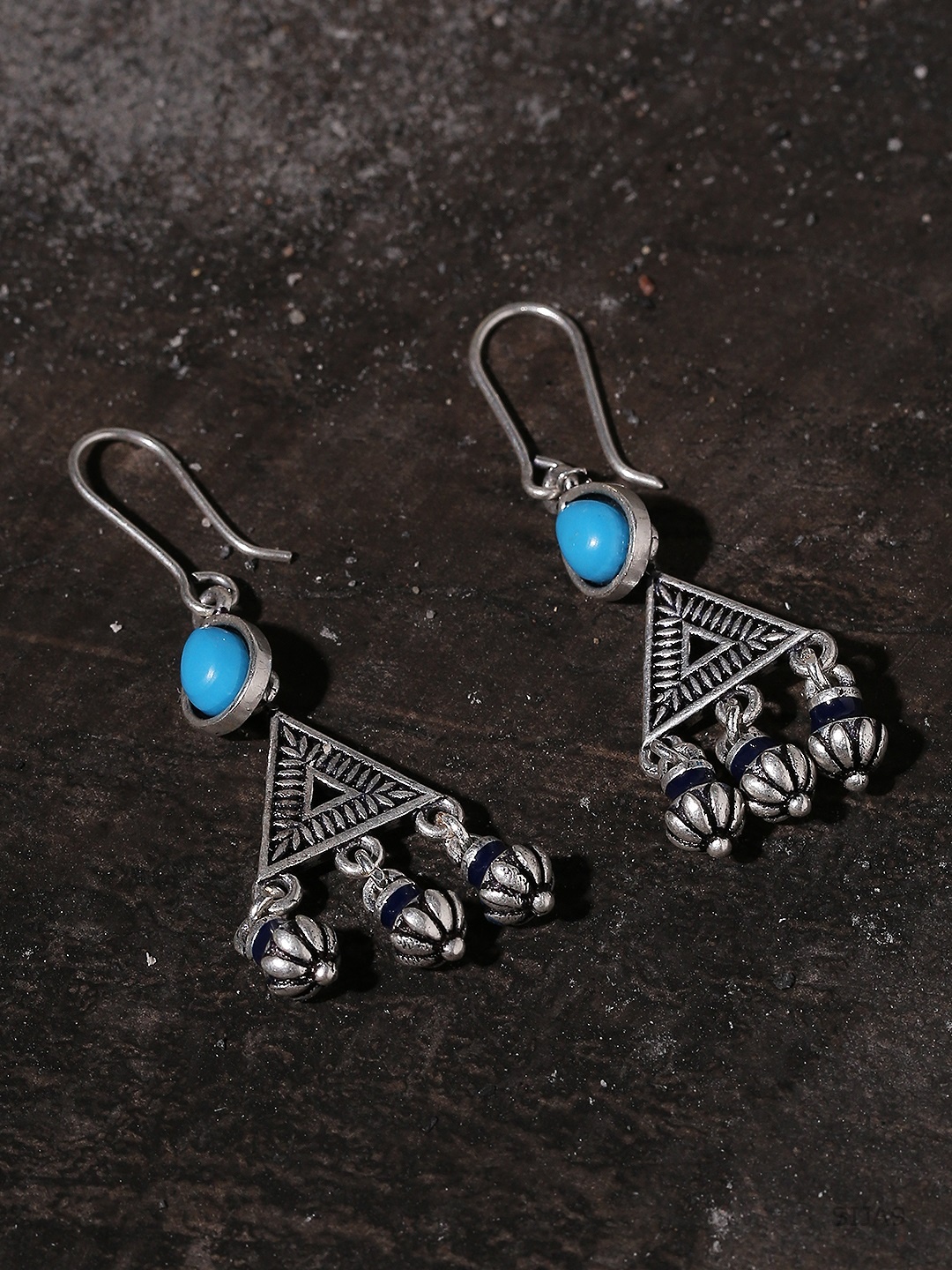 

Voylla Silver-Toned & Blue Triangular Oxidised Drop Earrings
