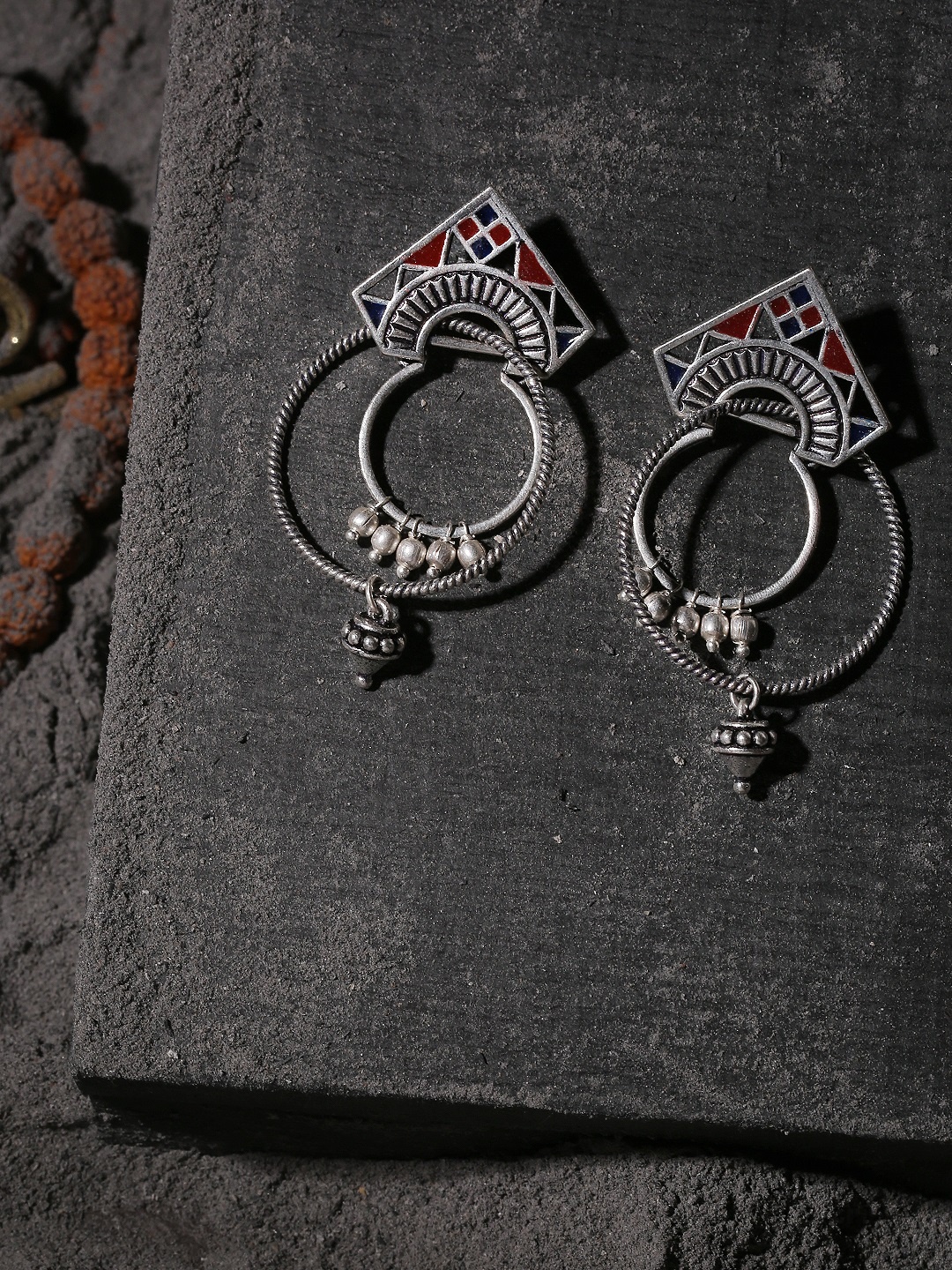 

Voylla Silver-Plated Oxidised Circular Drop Earrings