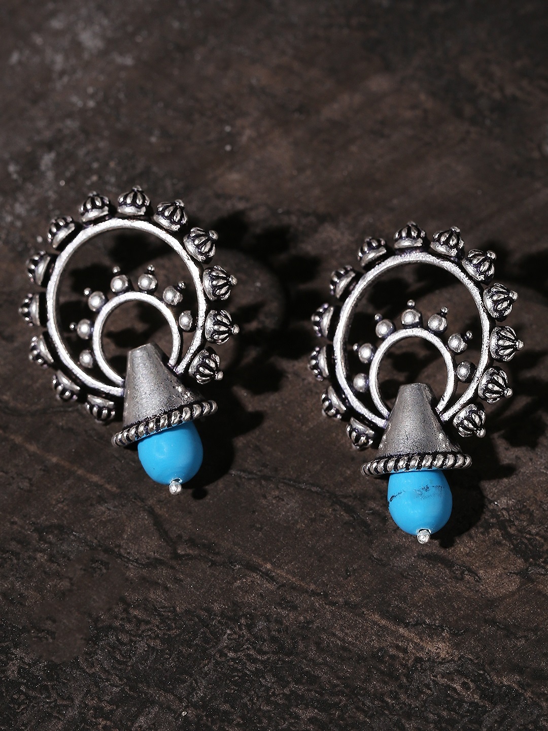 

Voylla Silver-Plated & Blue Oxidised Circular Drop Earrings