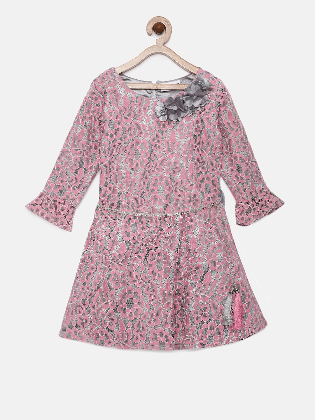 

Peppermint Girls Pink Self Design Fit and Flare Dress