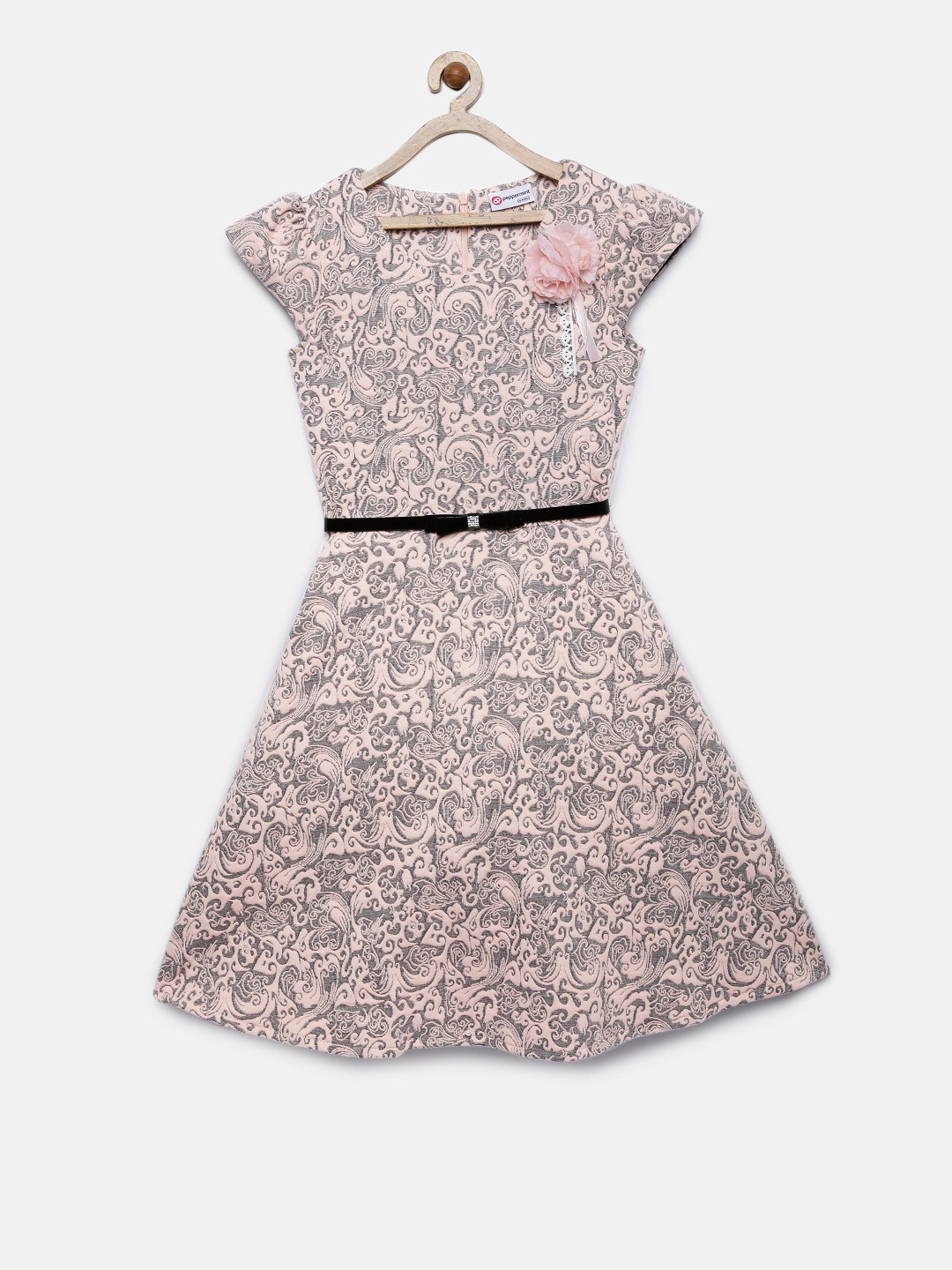 

Peppermint Girls Peach-Coloured Self Design Fit and Flare Dress