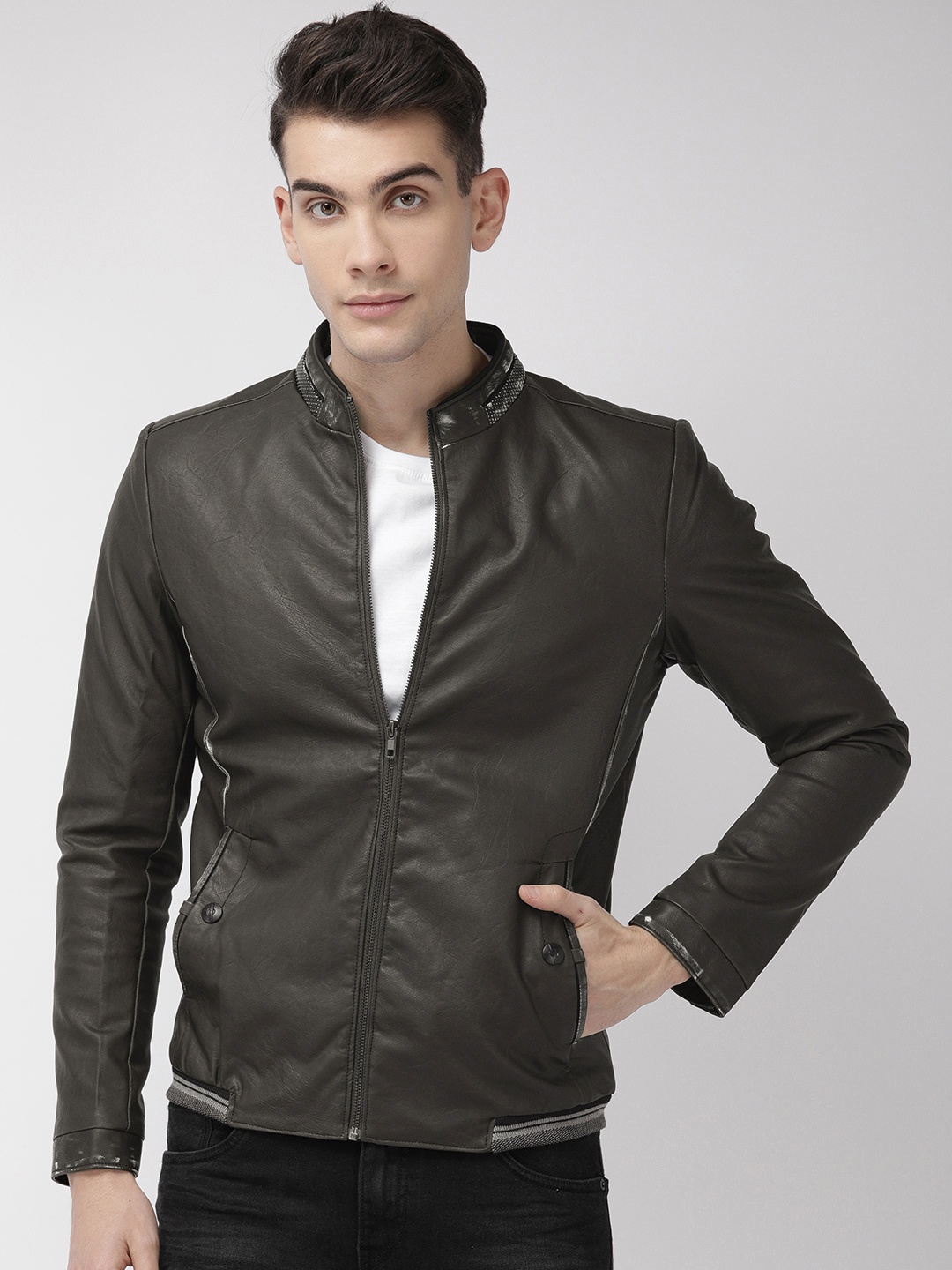 

Fort Collins Men Olive Green Solid Biker Jacket