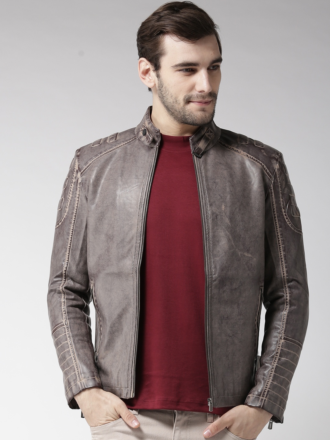 

Fort Collins Men Mauve Solid Biker Jacket