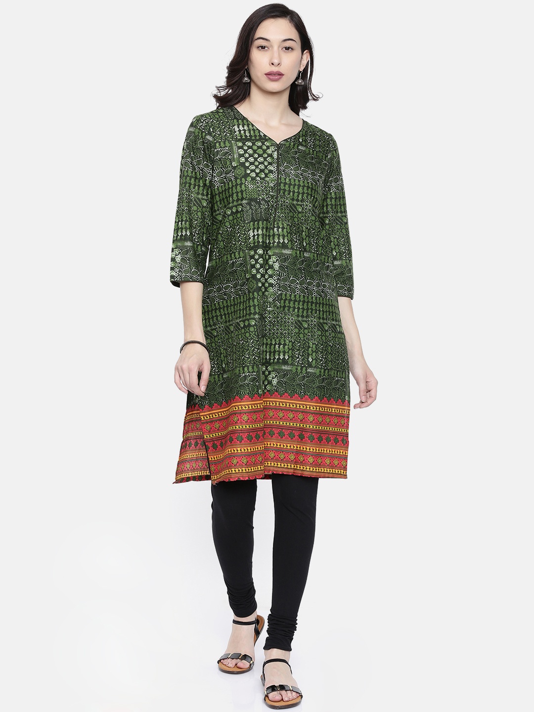 

Melange by Lifestyle Women Green & Pink Printed Straight Kurta