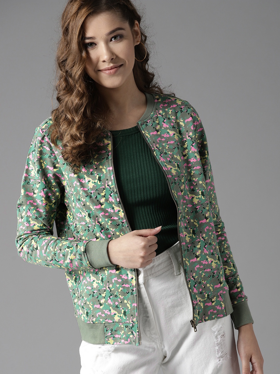 

HERE&NOW Women Olive Green & Pink Printed Sweatshirt