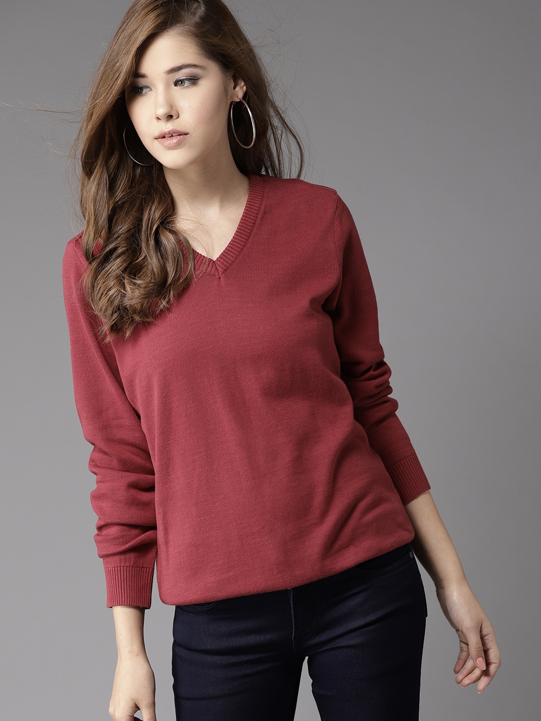 

HERE&NOW Women Maroon Solid V-Neck Pullover