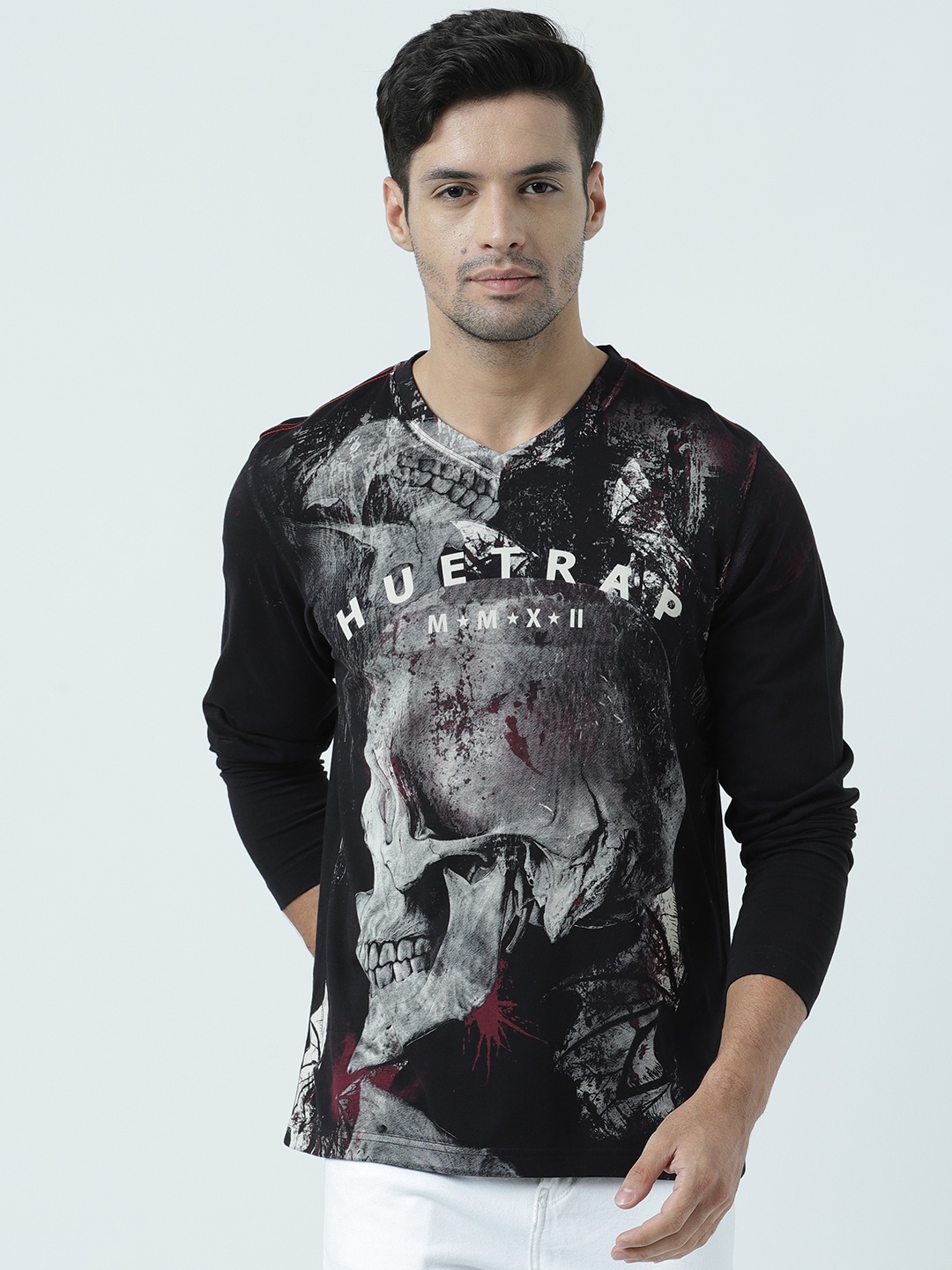 

Huetrap Men Black Printed V-Neck T-shirt