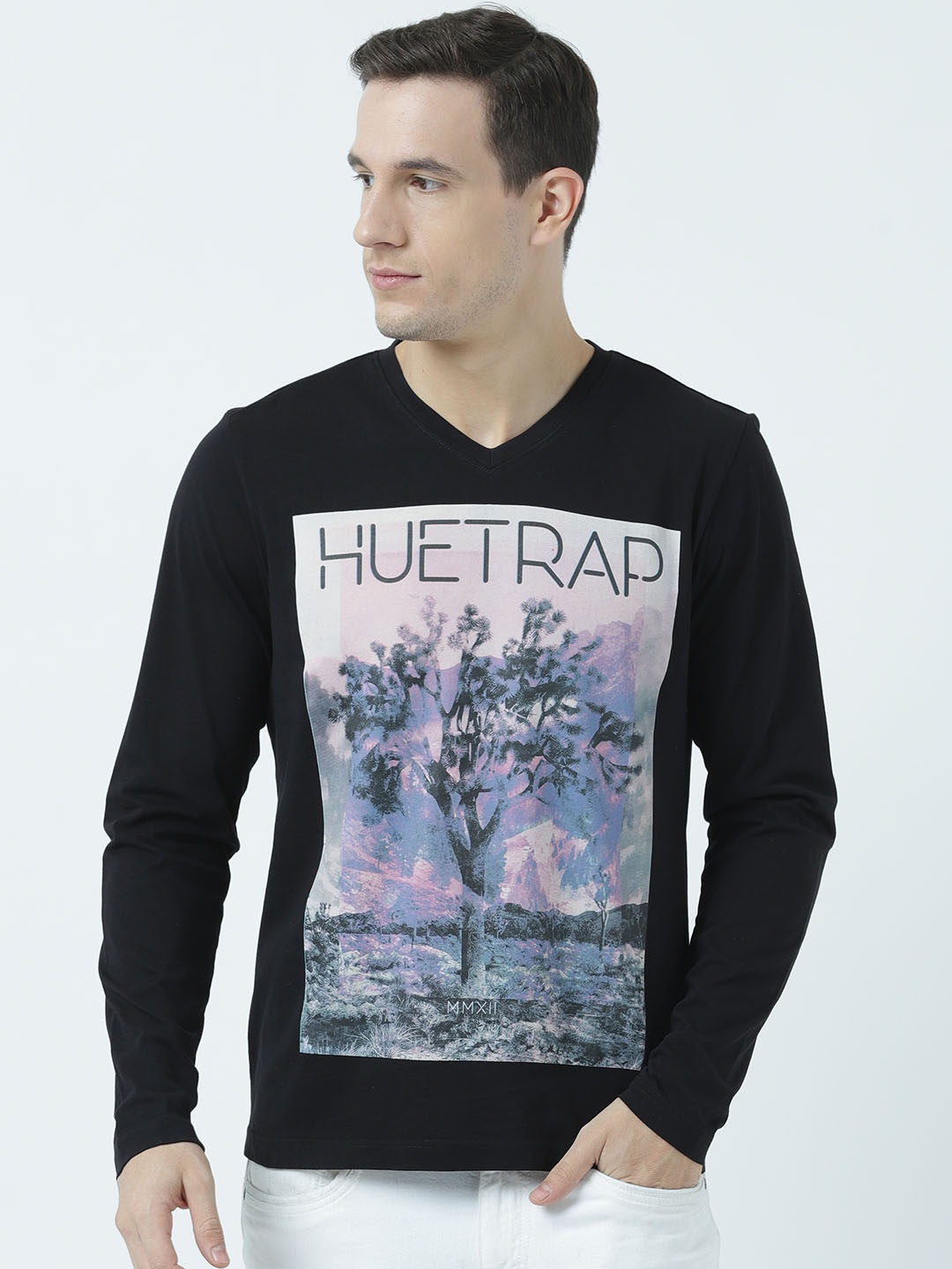 

Huetrap Men Black Printed V-Neck T-shirt