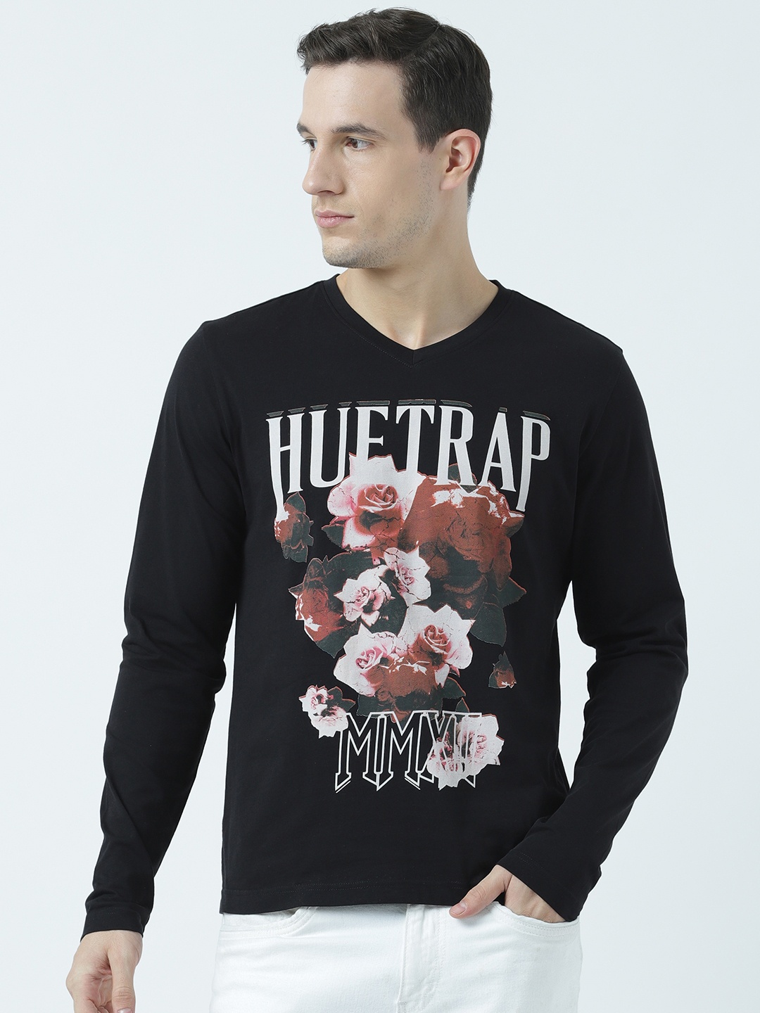 

Huetrap Men Black Printed V-Neck T-shirt