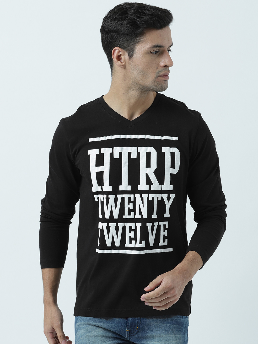 

Huetrap Men Black Printed V-Neck Pure Cotton T-shirt