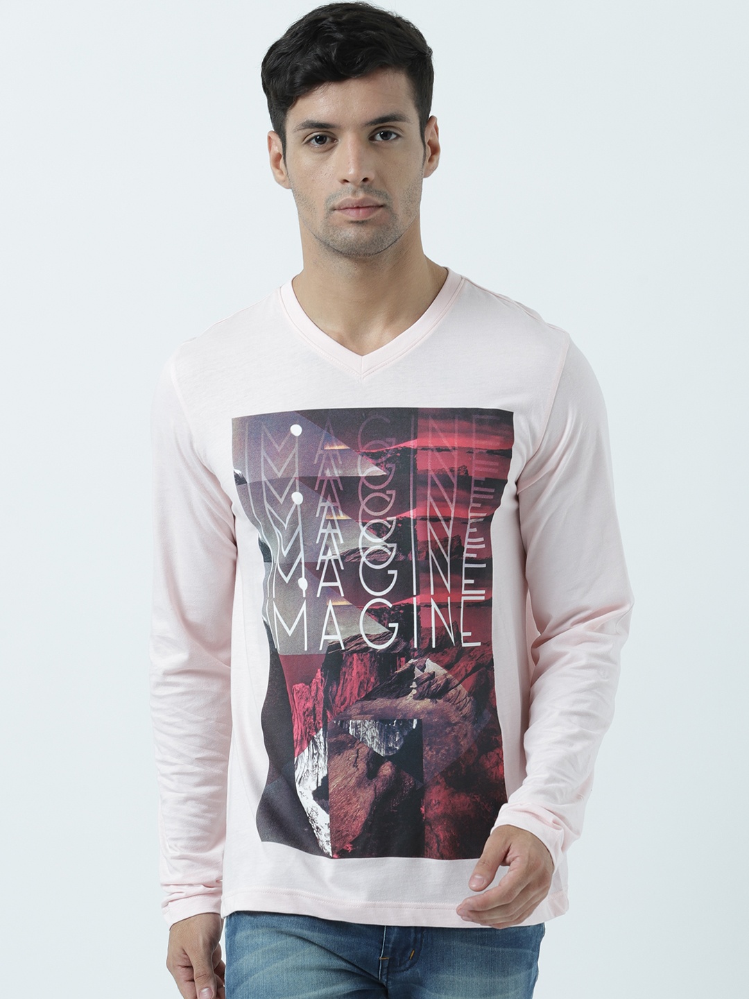 

Huetrap Men Pink Printed V-Neck T-shirt