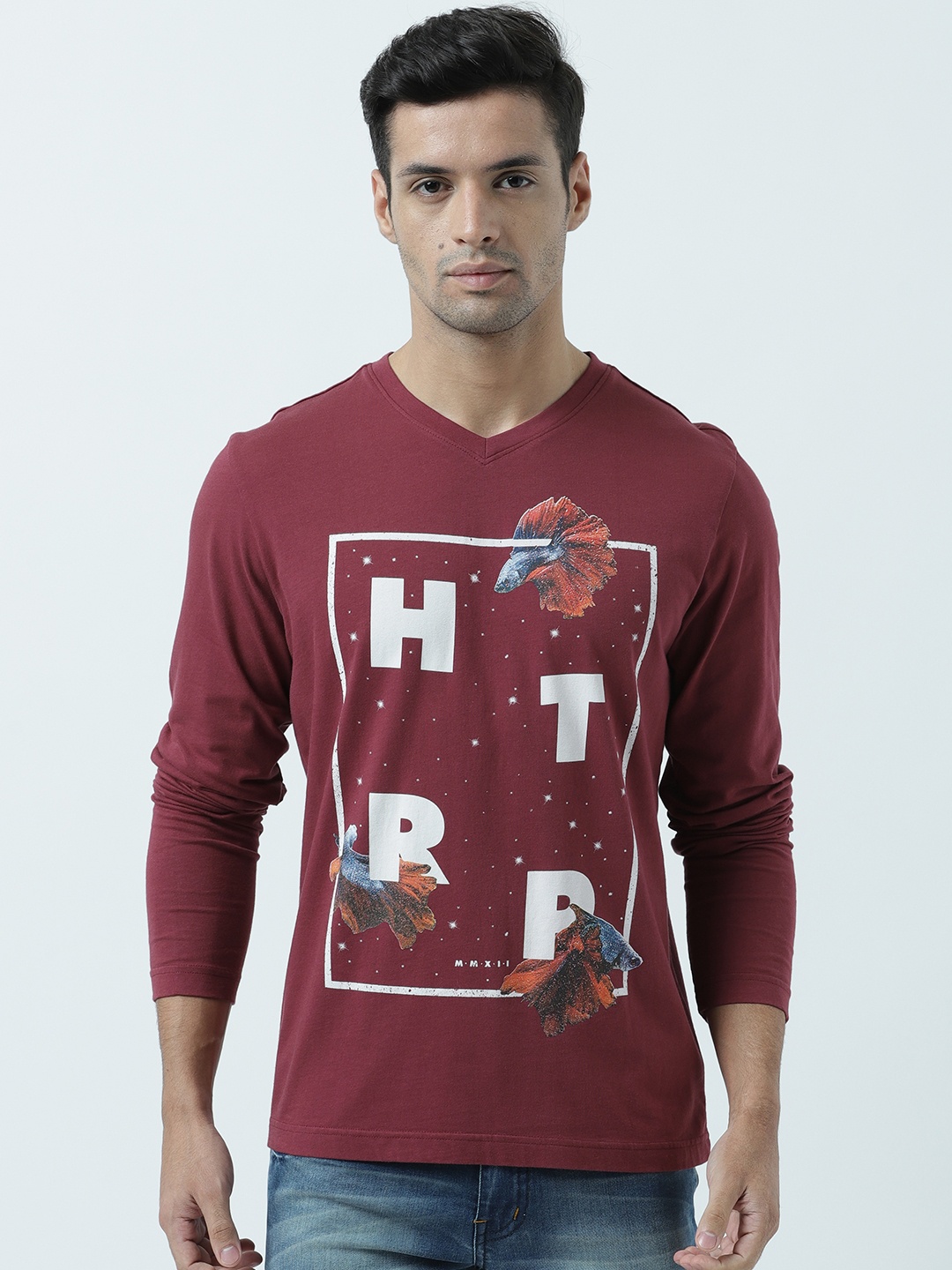 

Huetrap Men Maroon Printed V-Neck T-shirt