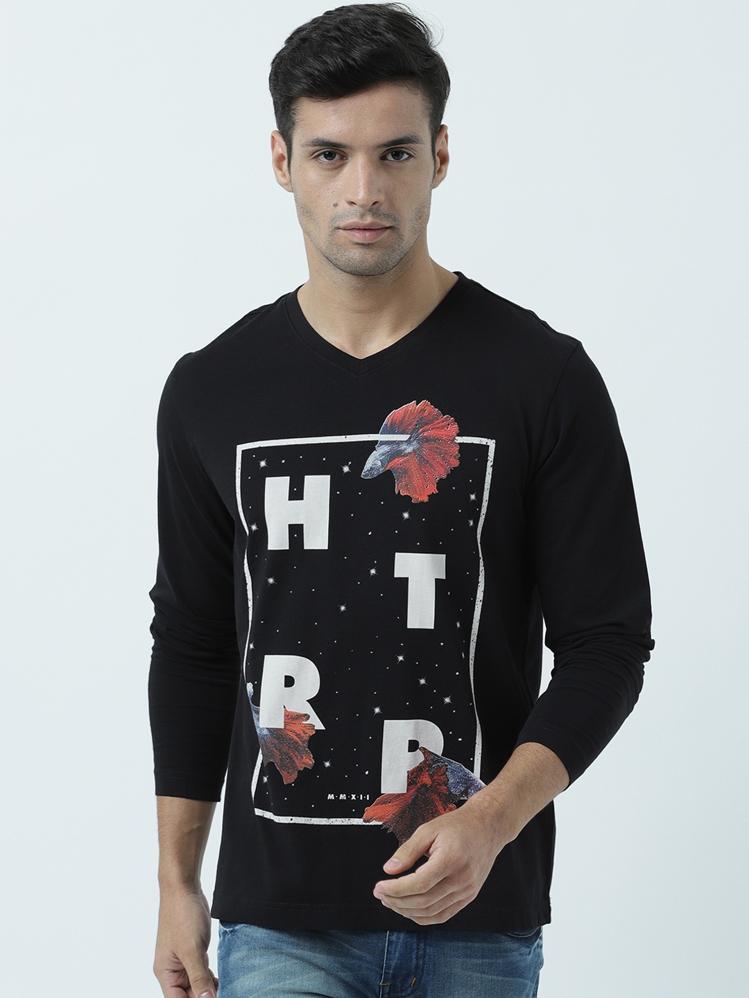 

Huetrap Men Black Printed V-Neck T-shirt