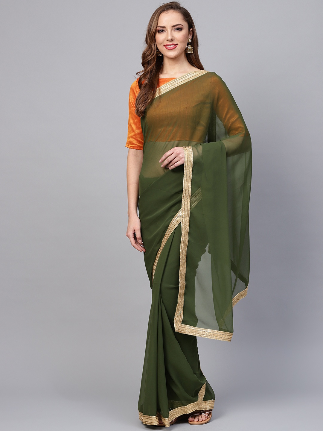 

Saree mall Olive Green & Orange Solid Saree