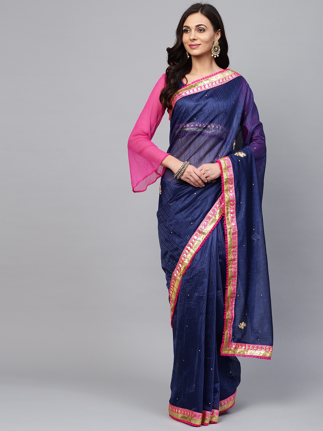 

Saree mall Navy Blue & Pink Embellished Saree