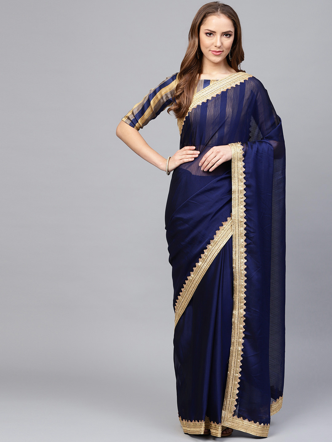 

Saree mall Navy Blue Solid Saree