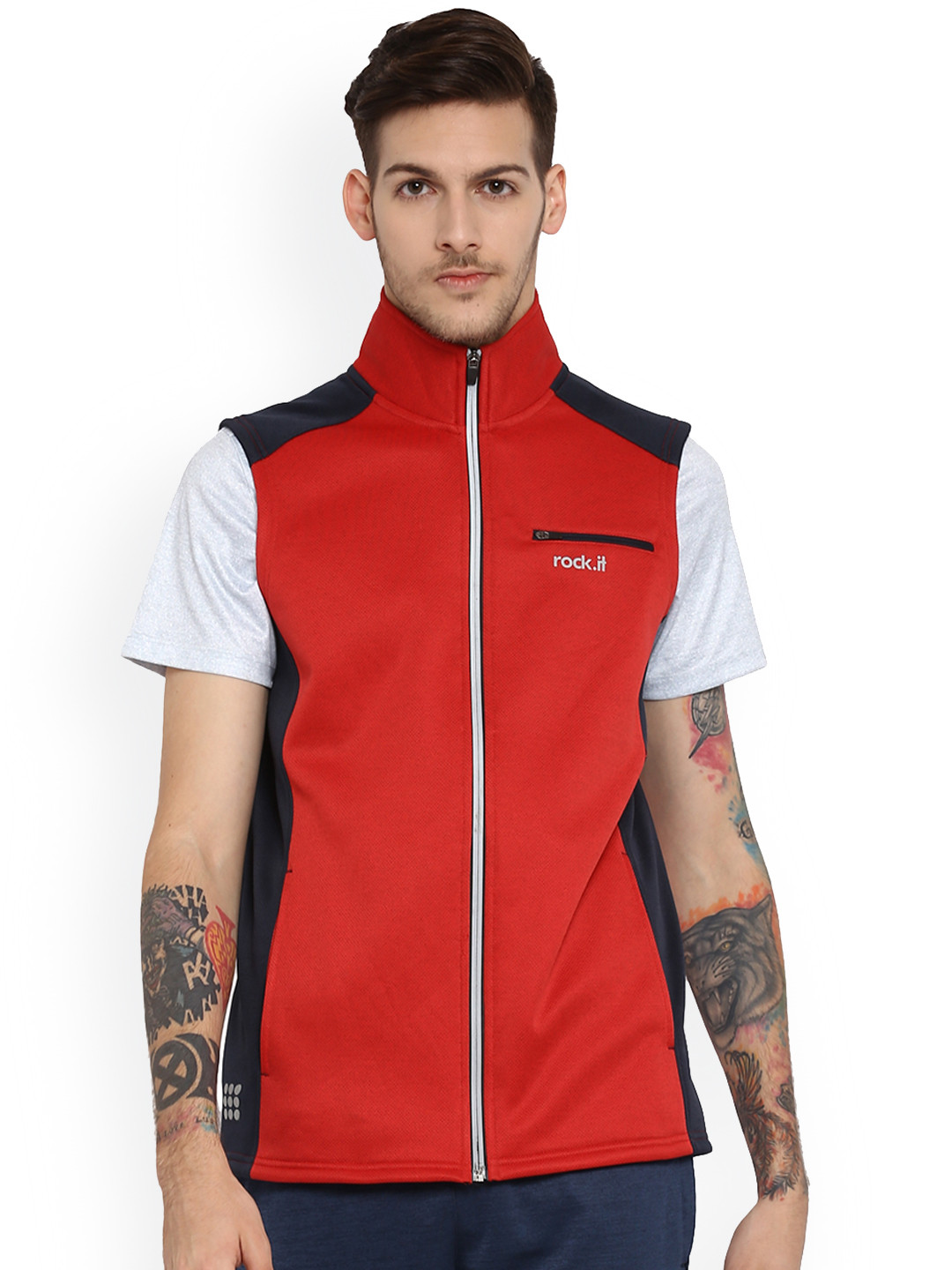 

rock.it Men Red & Navy Blue Colourblocked Sweatshirt