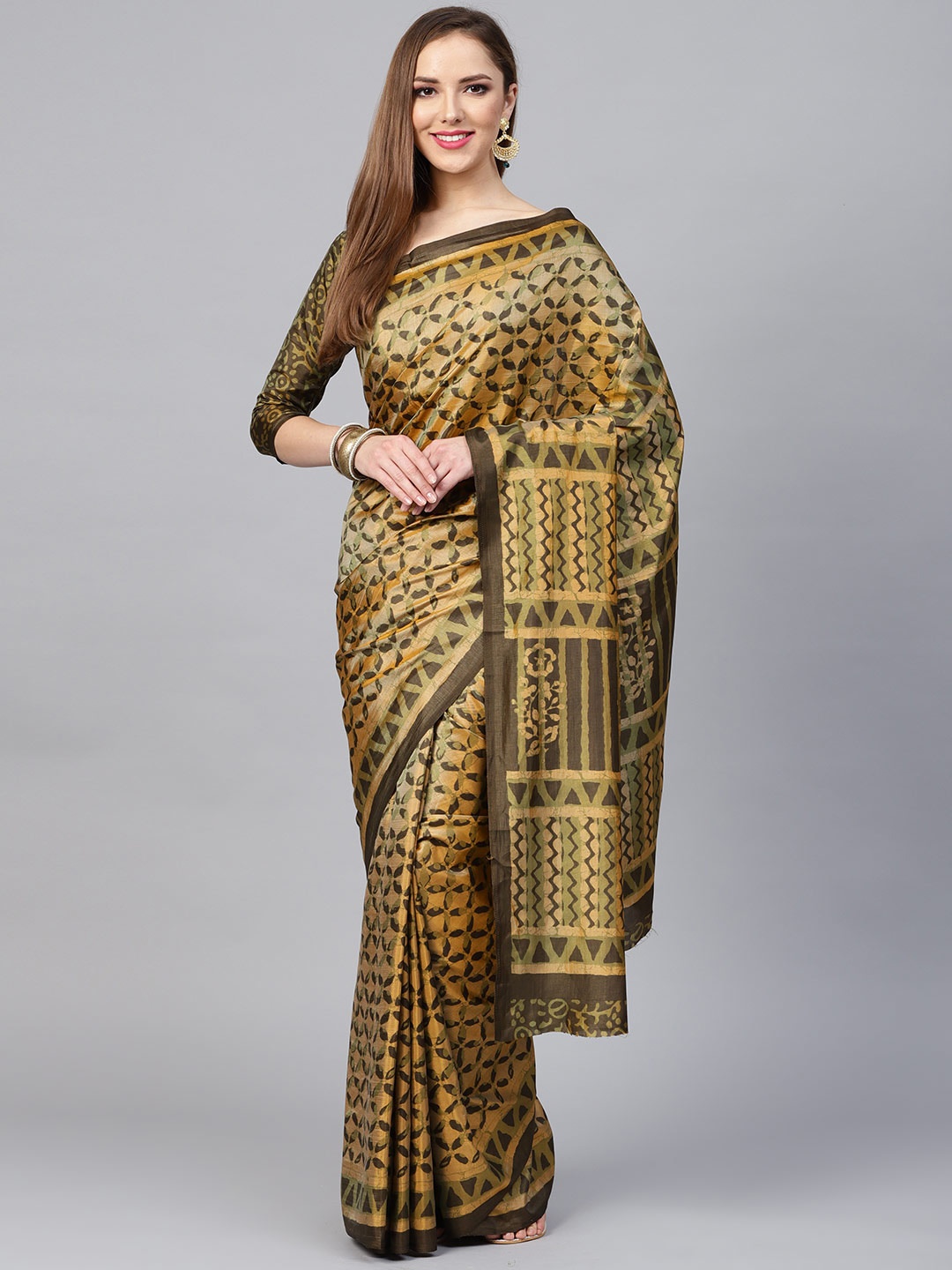 

Saree mall Olive Green & Mustard Yellow Block Print Saree