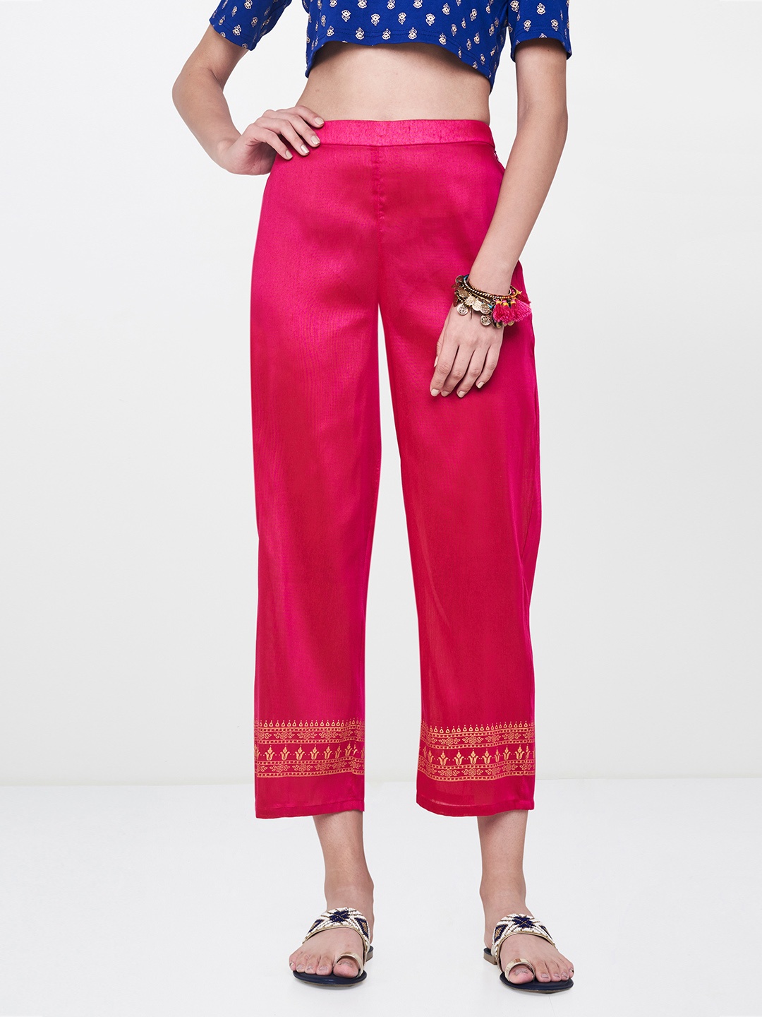 

Global Desi Women Pink Regular Fit Printed Formal Trousers