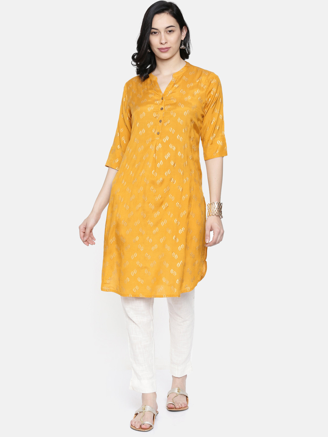 

Global Desi Women Mustard Yellow Printed Straight Kurta