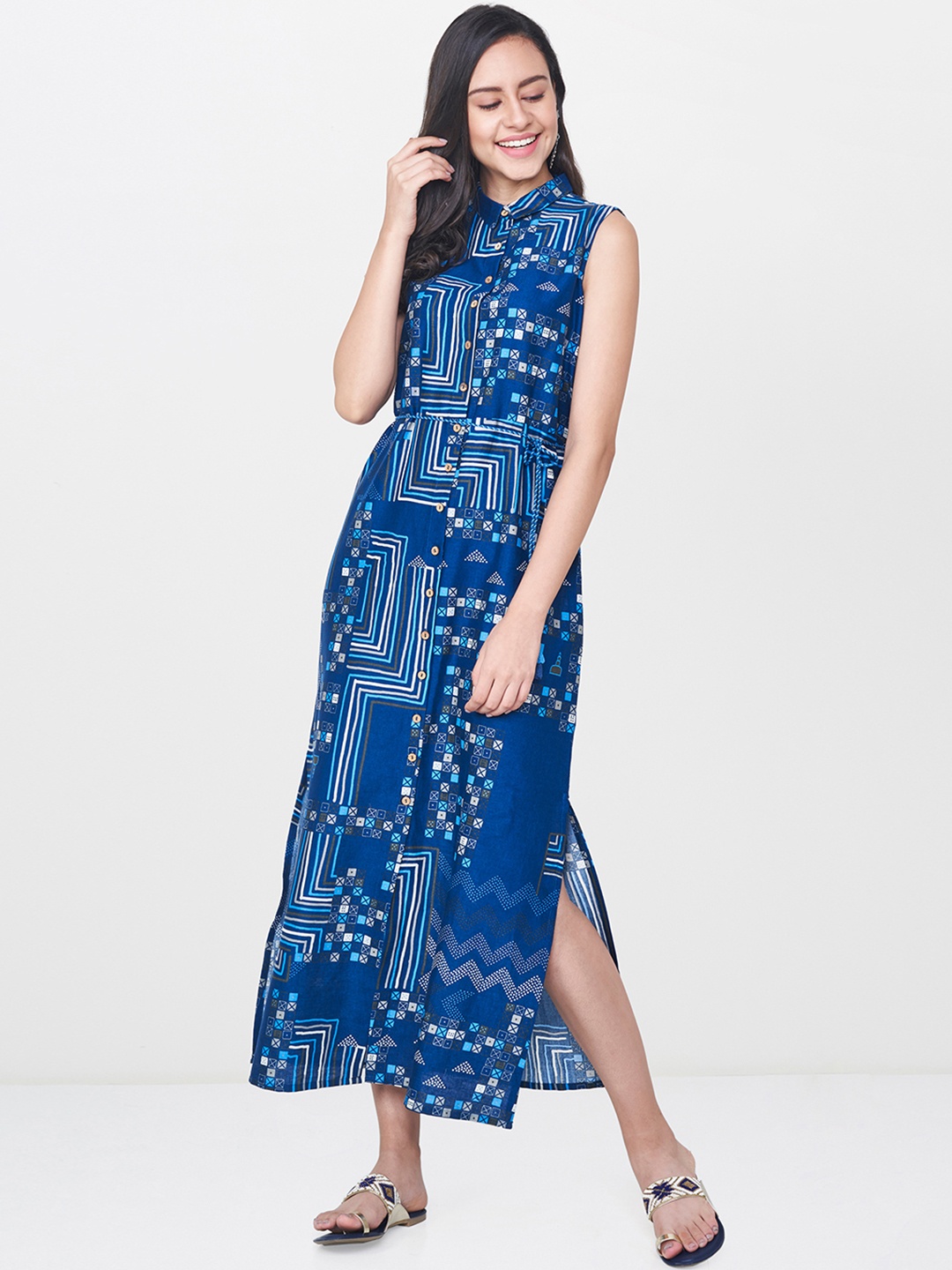 

Global Desi Women Blue Geometric Printed A-Line Dress
