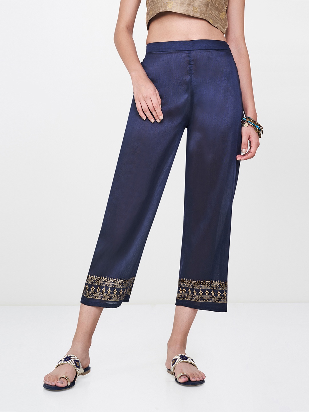 

Global Desi Women Navy Blue Regular Fit Printed Regular Trousers