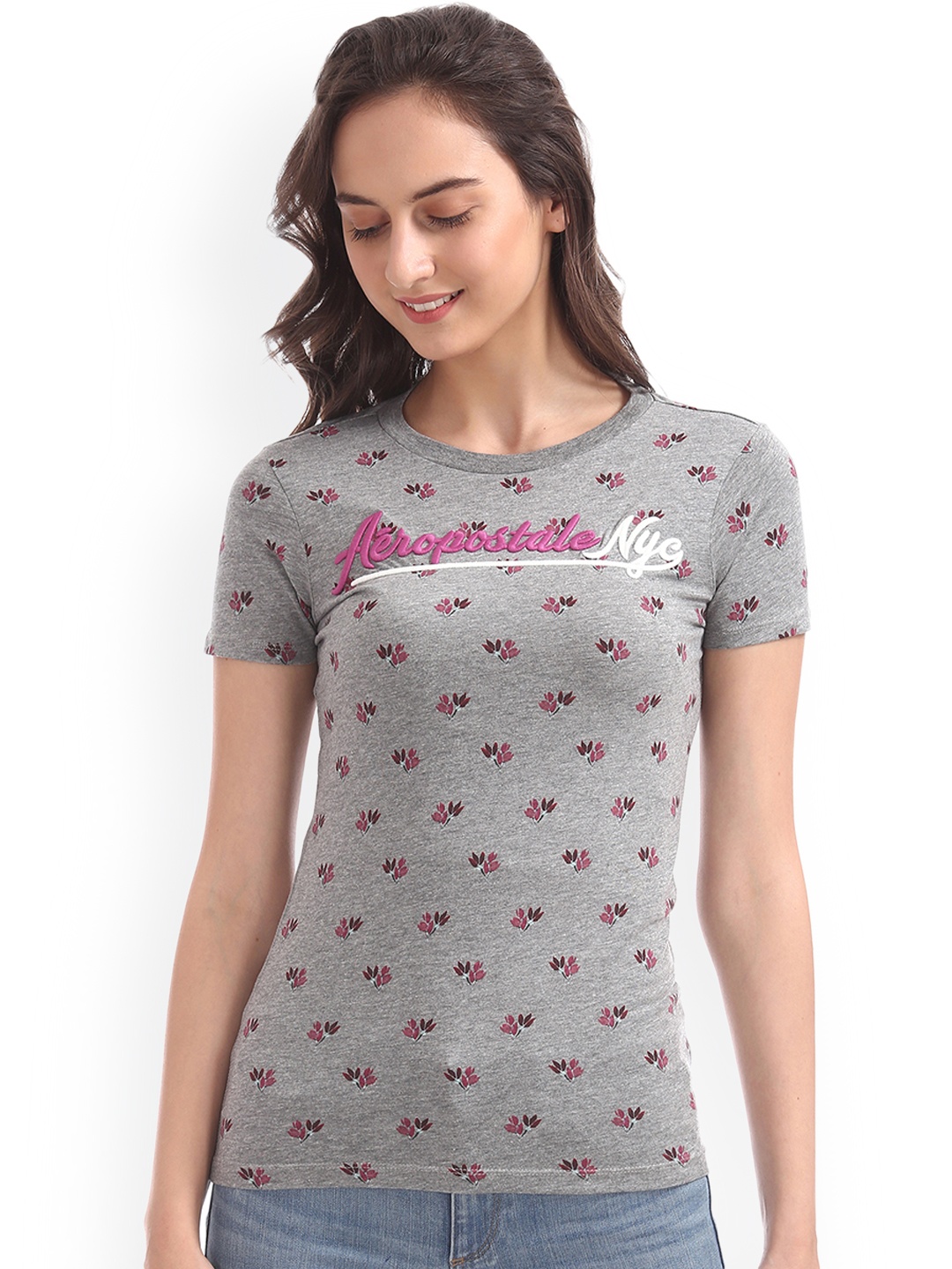 

Aeropostale Women Grey Printed Round Neck T-shirt