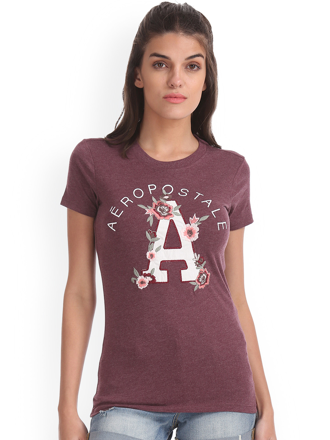 

Aeropostale Women Red Printed Round Neck T-shirt
