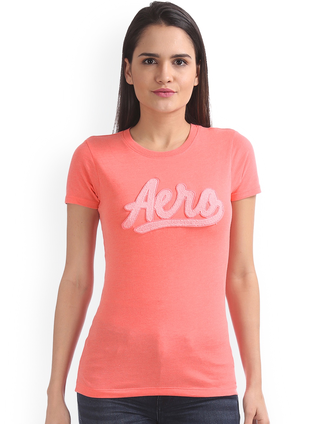 

Aeropostale Women Coral Printed Round Neck T-shirt