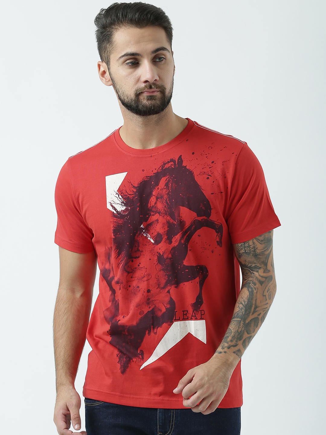 

Huetrap Men Red Printed Round Neck T-shirt