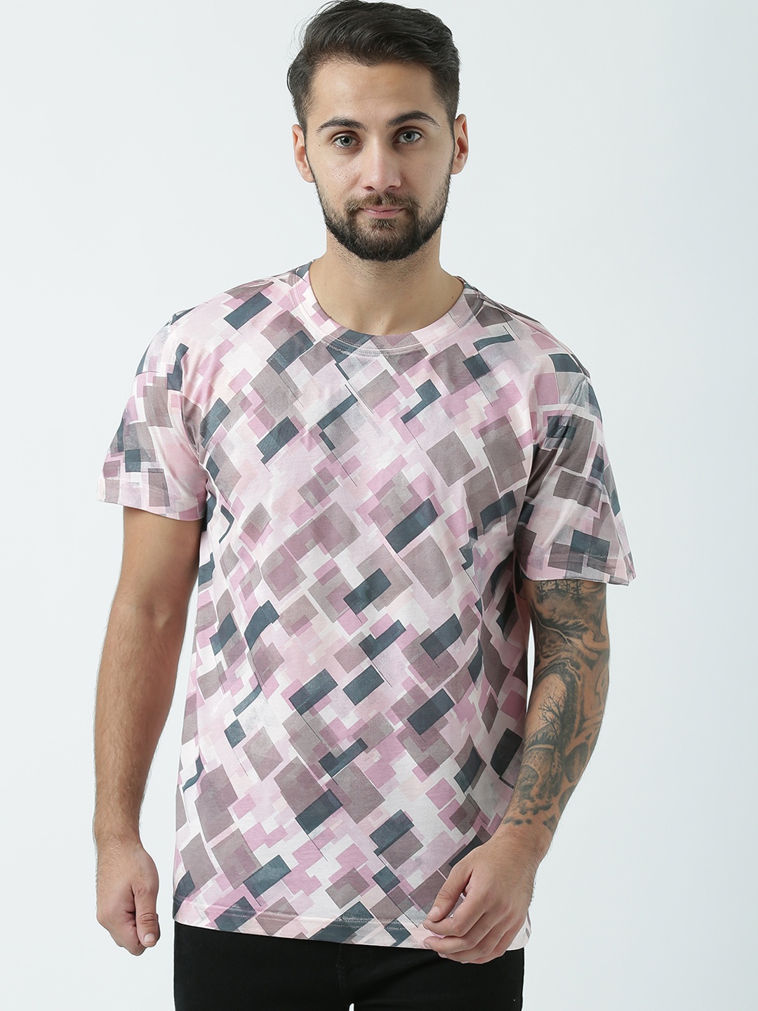 

Huetrap Men Pink & Grey Printed Round Neck T-shirt