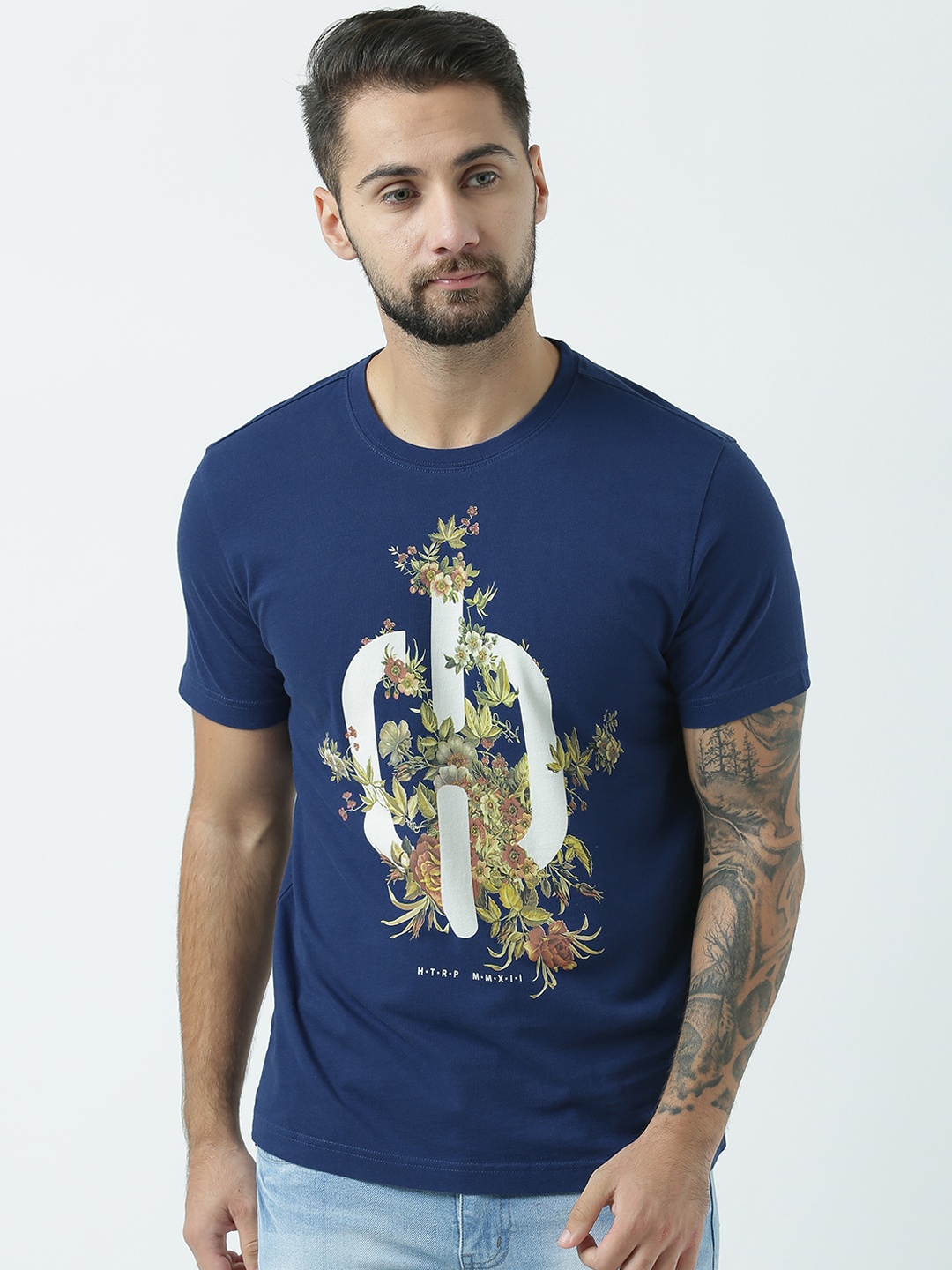

Huetrap Men Navy Blue Printed Round Neck T-shirt