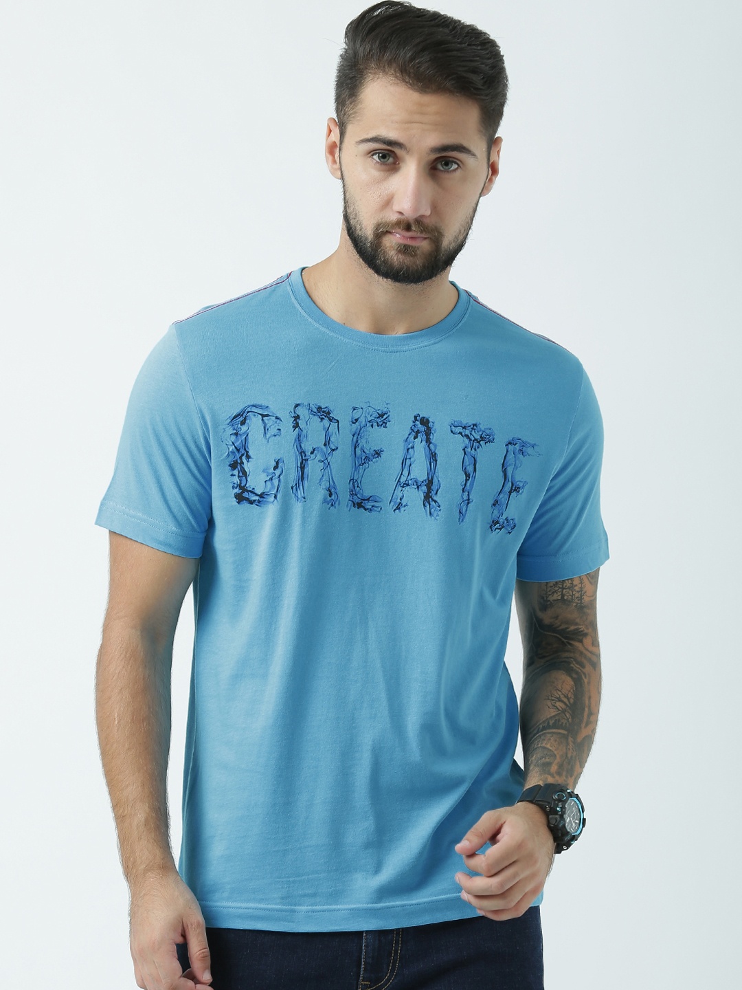 

Huetrap Men Turquoise Blue Printed Round Neck T-shirt