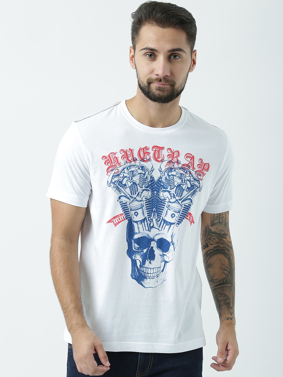 

Huetrap Men White Printed Round Neck T-shirt