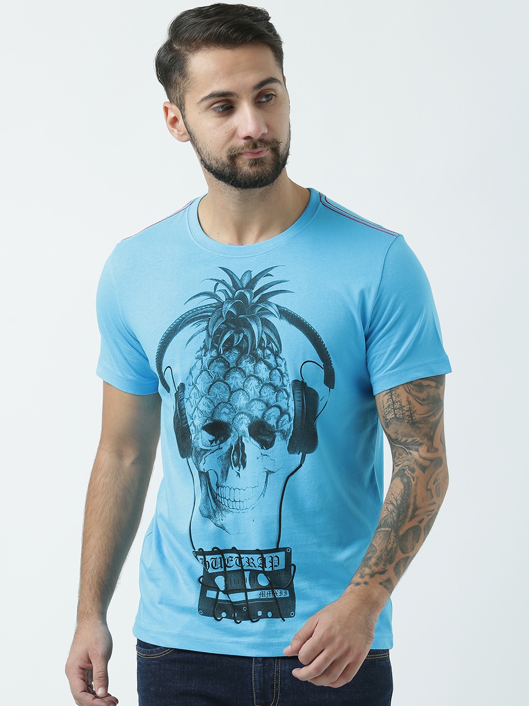 

Huetrap Men Turquoise Blue Printed Round Neck T-shirt