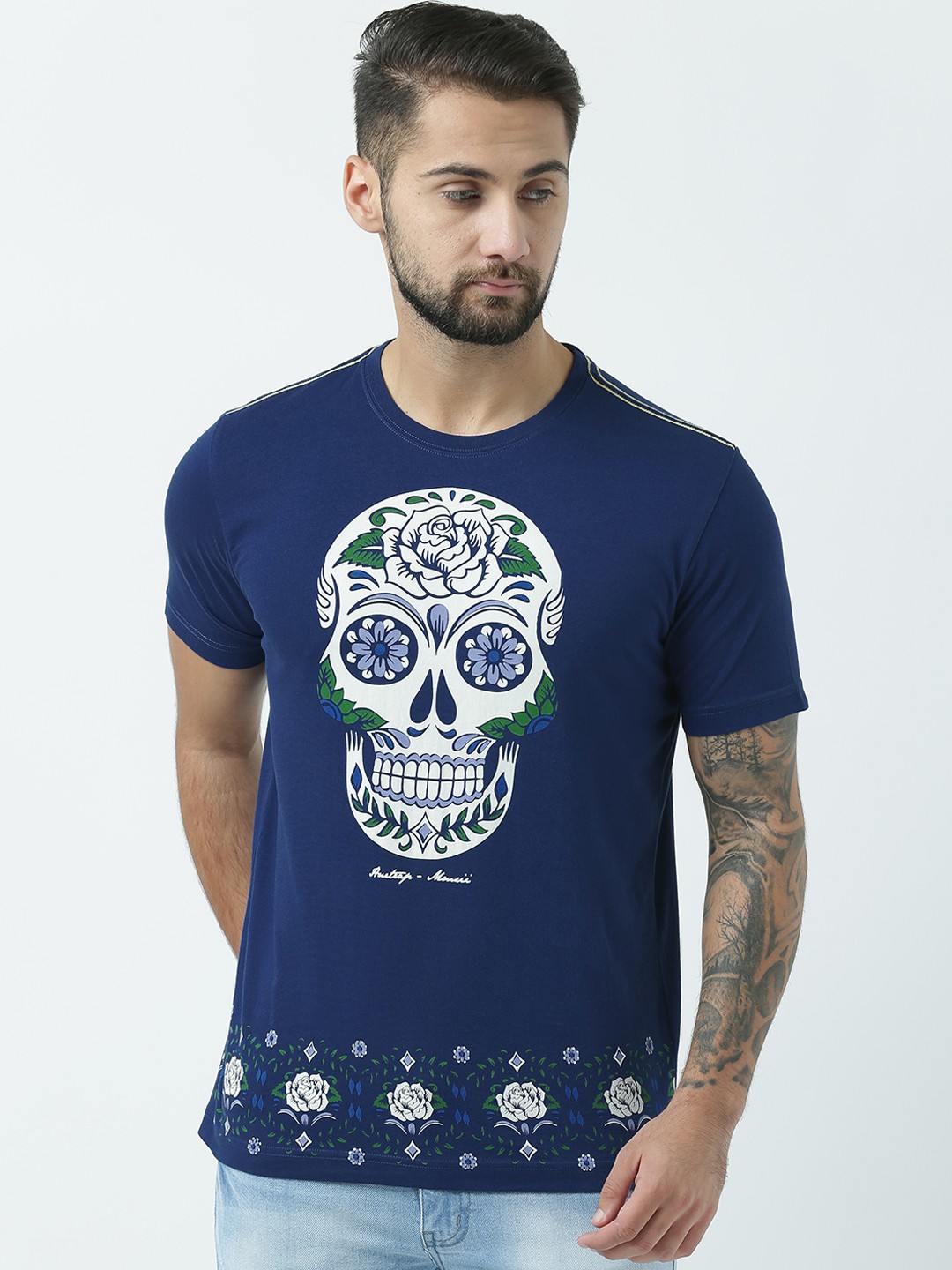 

Huetrap Men Navy Blue Printed Round Neck T-shirt