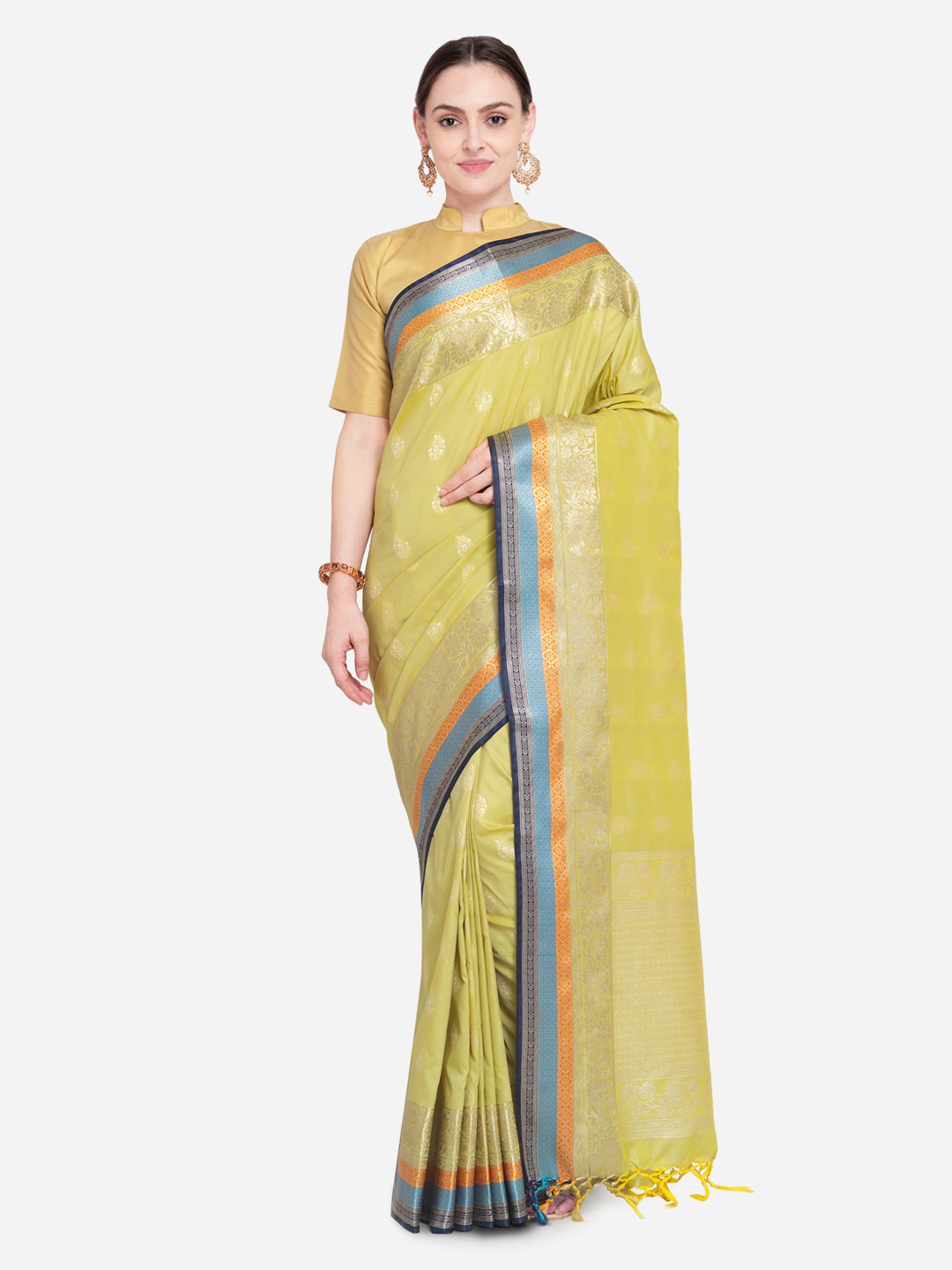 

Varkala Silk Sarees Beige & Yellow Silk Blend Woven Design Banarasi Saree