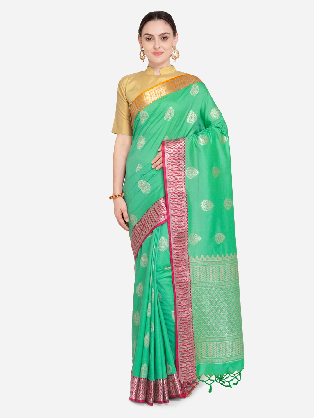 

Varkala Silk Sarees Green & Silver-Coloured Silk Blend Woven Design Banarasi Saree