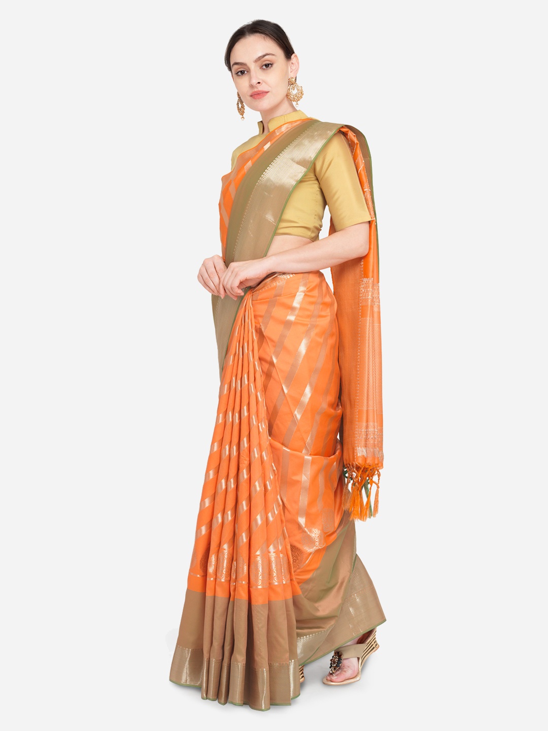 

Varkala Silk Sarees Orange & Silver-Coloured Silk Blend Woven Design Leheriya Saree